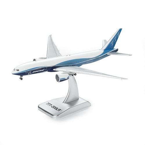 Boeing 777-200LR 1:400 diecast model airplane on display stand with Boeing livery