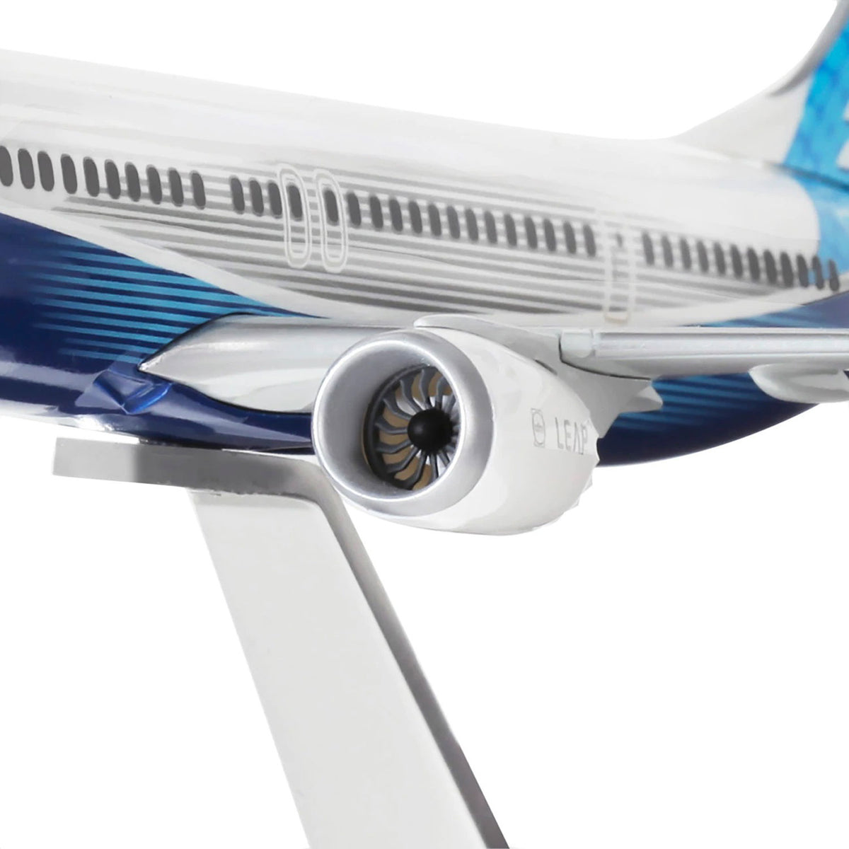 Close-up of Boeing 737 MAX 10 plastic model engine detail in Boeing house livery