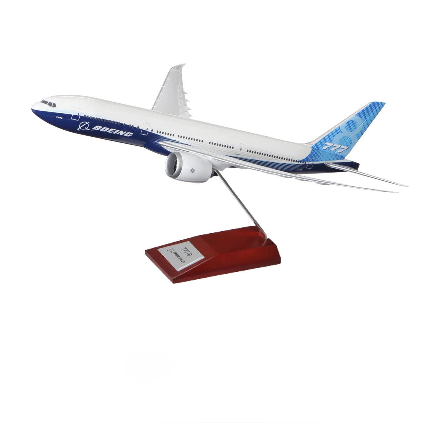 Boeing 777-8 1/200 snap model airplane on display stand
