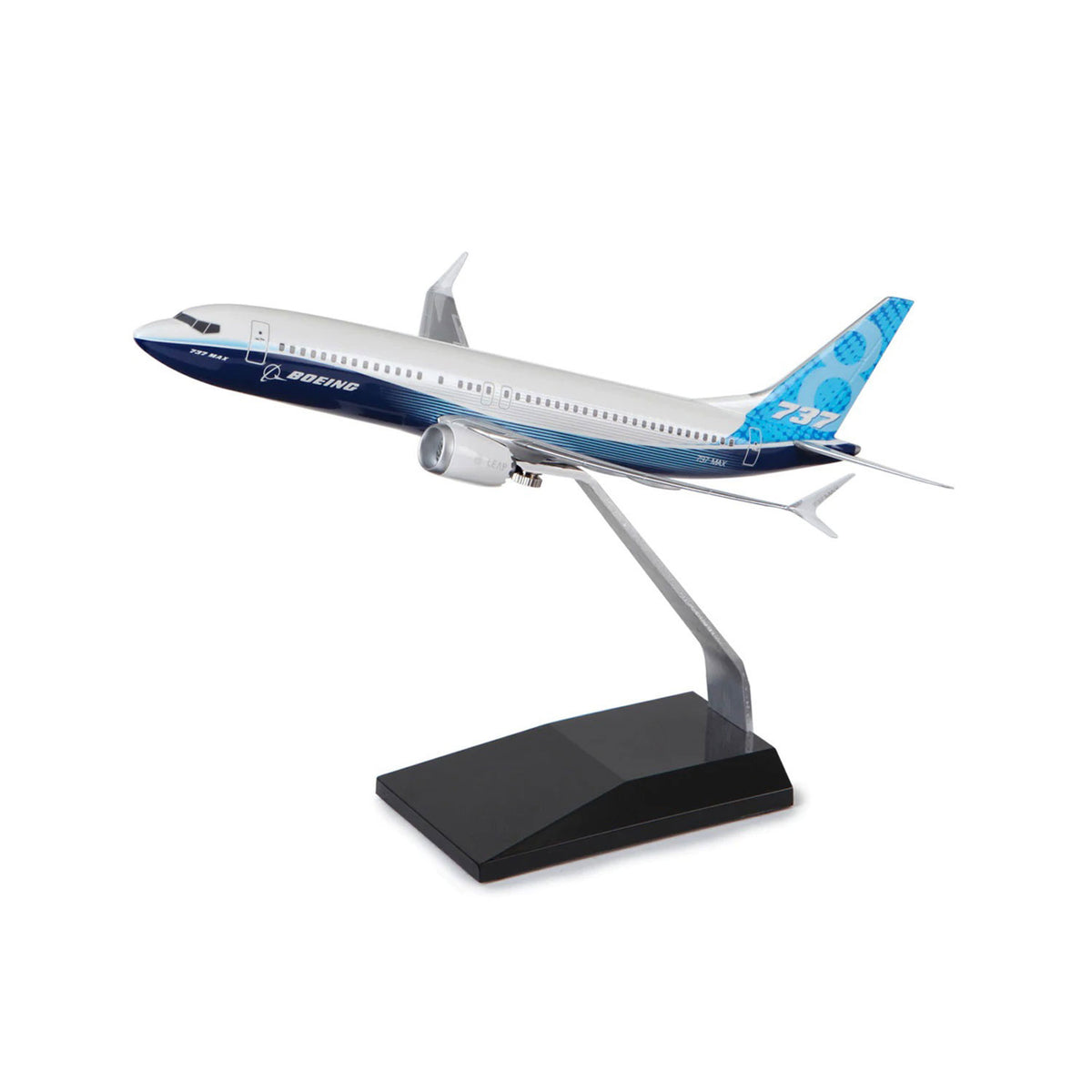 Boeing 737 MAX 8 1/144 scale model airplane with display stand in Boeing house livery