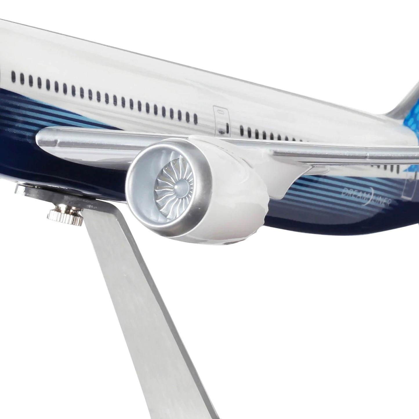 Close-up of Boeing 787-10 Dreamliner model engine detail in Boeing house livery