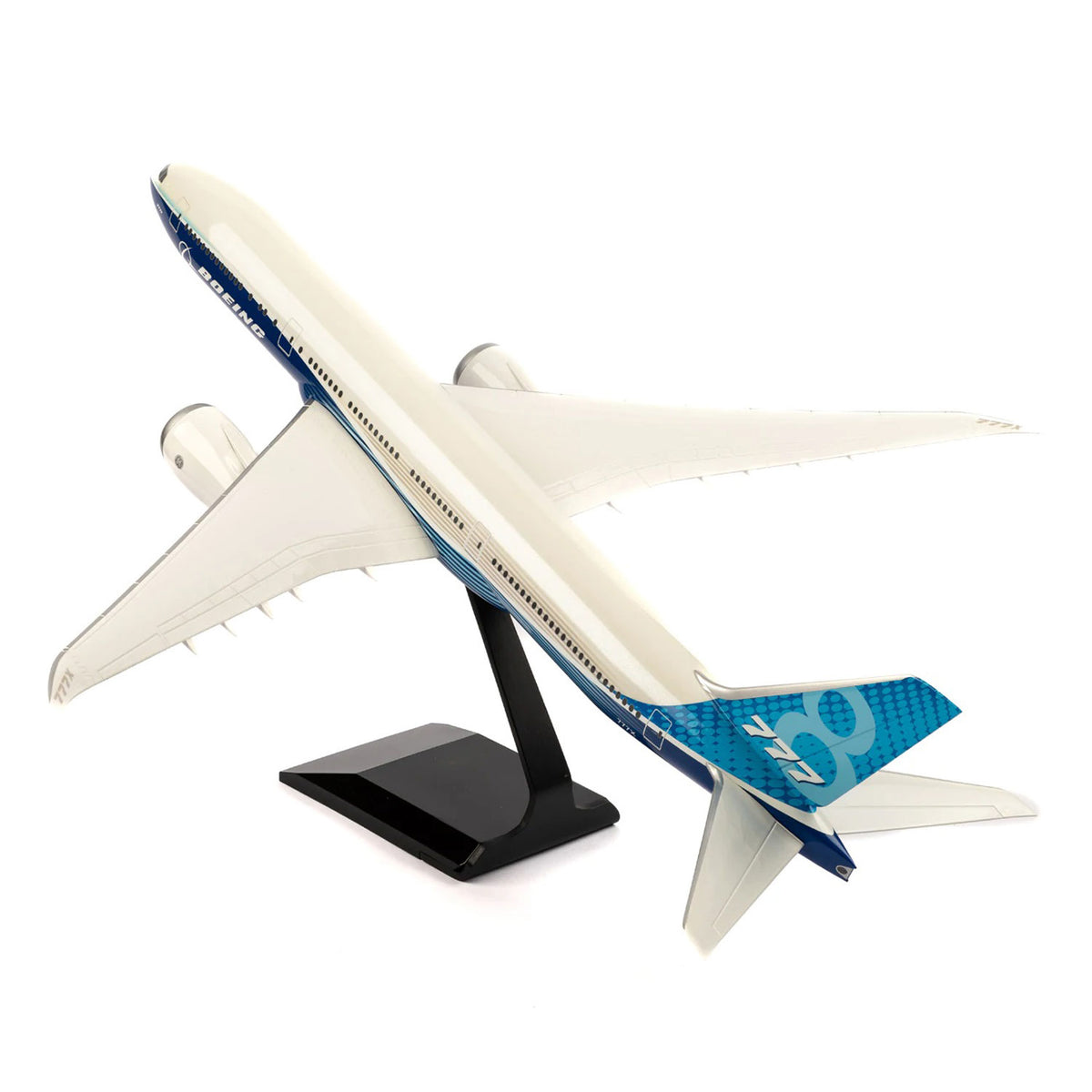 Top view of Boeing 777-8 1/100 scale model aircraft on stand
