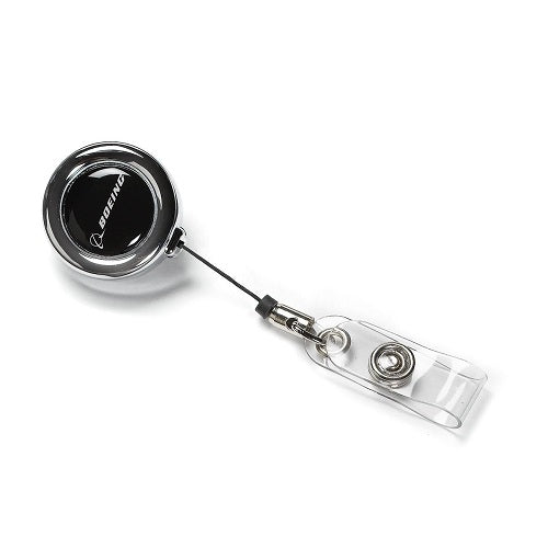 Boeing chrome clip-on badge holder with retractable cord and clear ID strap