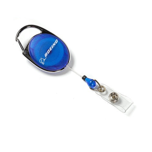 Boeing carabiner retractable badge holder with blue logo and clear ID strap