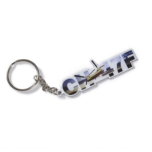Boeing CH-47F Chinook Sky keychain with epoxy helicopter emblem and metal key ring