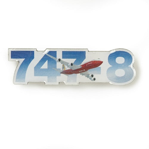 Boeing 747 Sky Pin epoxy metal lapel pin featuring 747 aircraft graphic in flight over blue sky background