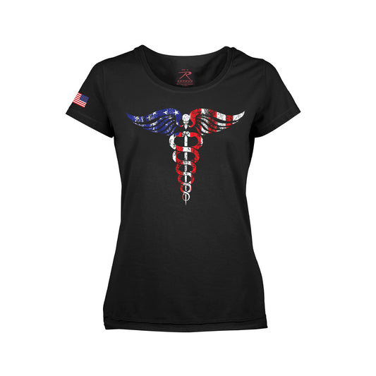 Women's Black Long-Length T-Shirt with Distressed Caduceus Symbol in American Flag Design, Small US Flag on Sleeve, and Brand Logo Near Collar
