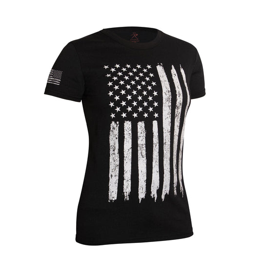 Women's Distressed US Flag Long T-Shirt – Front View with Vintage White American Flag Graphic, Small Sleeve Flag, and Brand Logo Near Collar