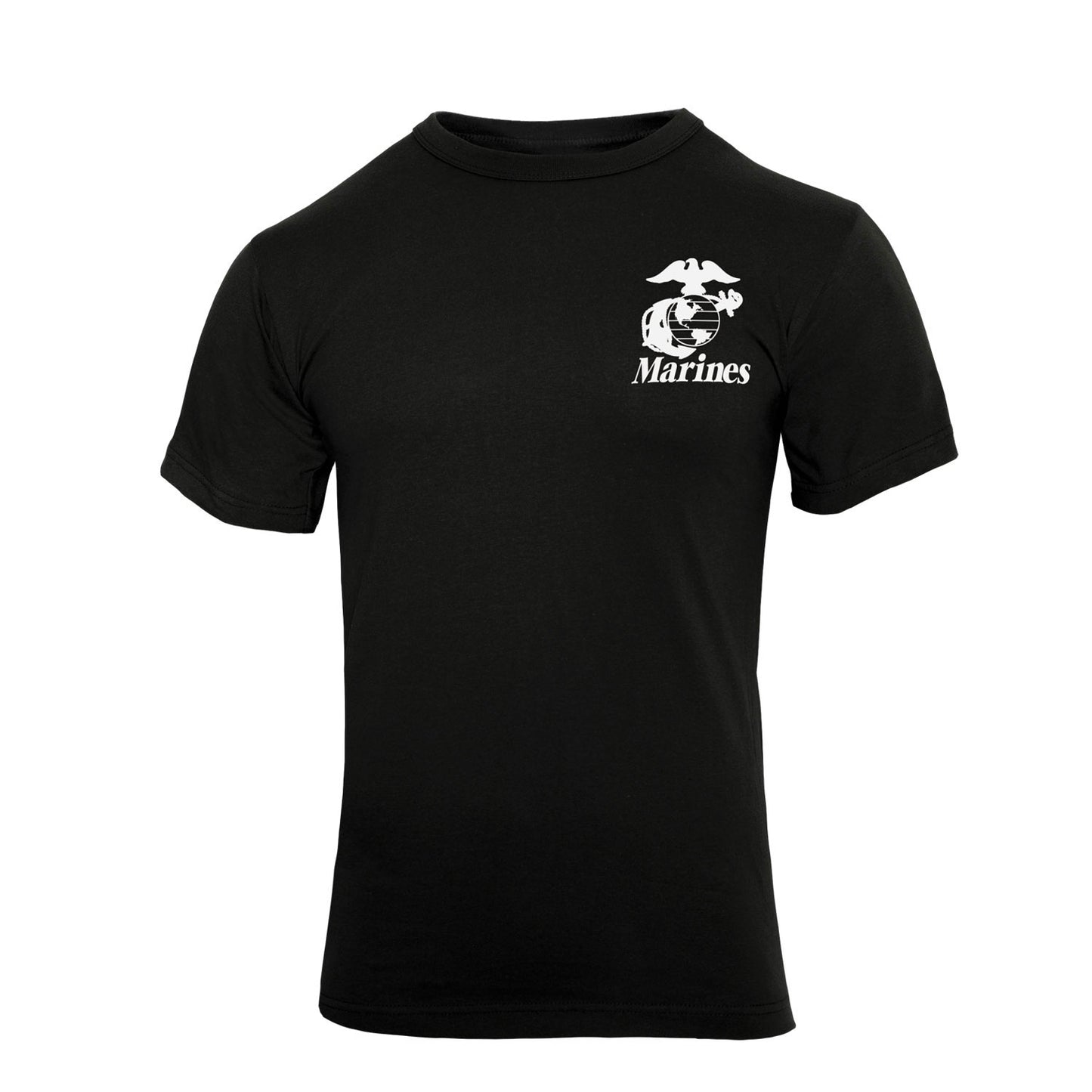 Marines 'Pain Is Weakness' T-Shirt – Front View of Black Crew Neck with White Marine Corps Eagle Globe Anchor Emblem and Text