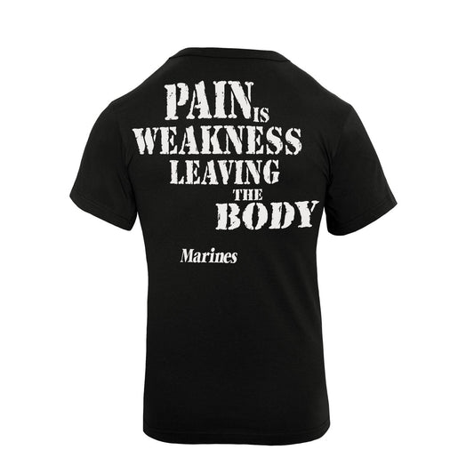 Marines 'Pain Is Weakness' T-Shirt – Back View of Black Crew Neck with Large Distressed White Quote 'Pain Is Weakness Leaving the Body' and Marines Text