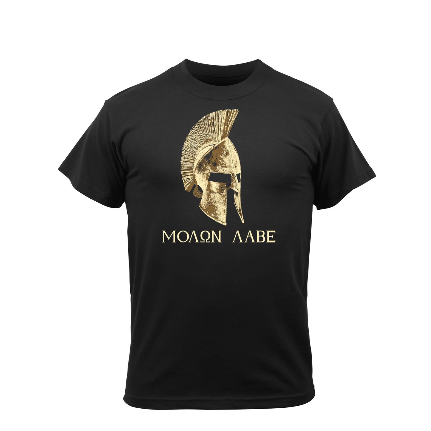 Molon Labe T-Shirt – Black Crew Neck with Gold Spartan Helmet Graphic and Greek 'ΜΟΛΩΝ ΛΑΒΕ' Text in White