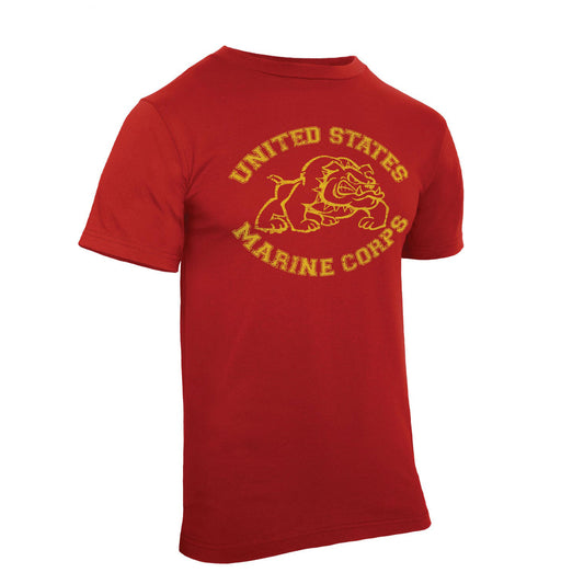 Vintage U.S. Marine Bulldog T-Shirt – Front View of Red Crew Neck with Circular Gold Marine Corps Graphic and Bulldog Illustration
