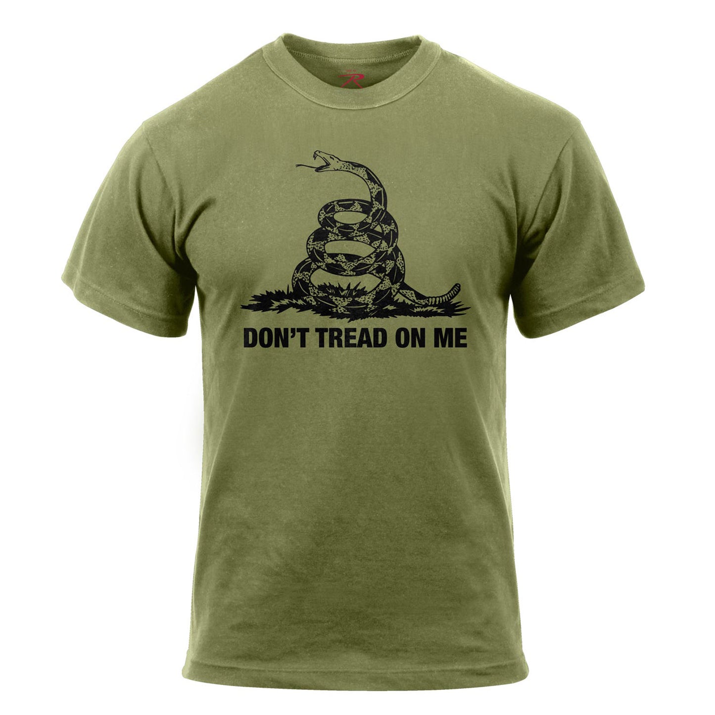 Don't Tread On Me T-Shirt – Black Shirt with Bright Yellow Gadsden Flag Snake Graphic and Bold Text