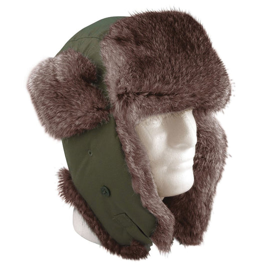 Fur Flyer's Hat – Olive Green Ushanka Aviator Winter Hat with Dark Brown Faux Fur Trim and Ear Flaps on White Mannequin Head