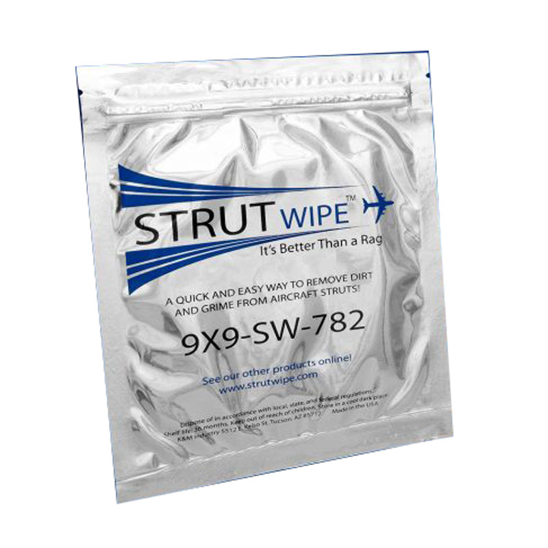 Angled view of 9x9 StrutWipe™ package pre-saturated with MIL-PRF-5606 hydraulic fluid for aircraft landing gear maintenance