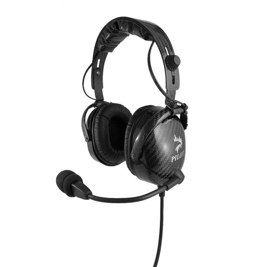 Pilot USA Carbon Fiber Passive Aviation Headset – Angled Three-Quarter View Showing Carbon Fiber Texture, Leather-Like Ear Pads, and Mic Boom