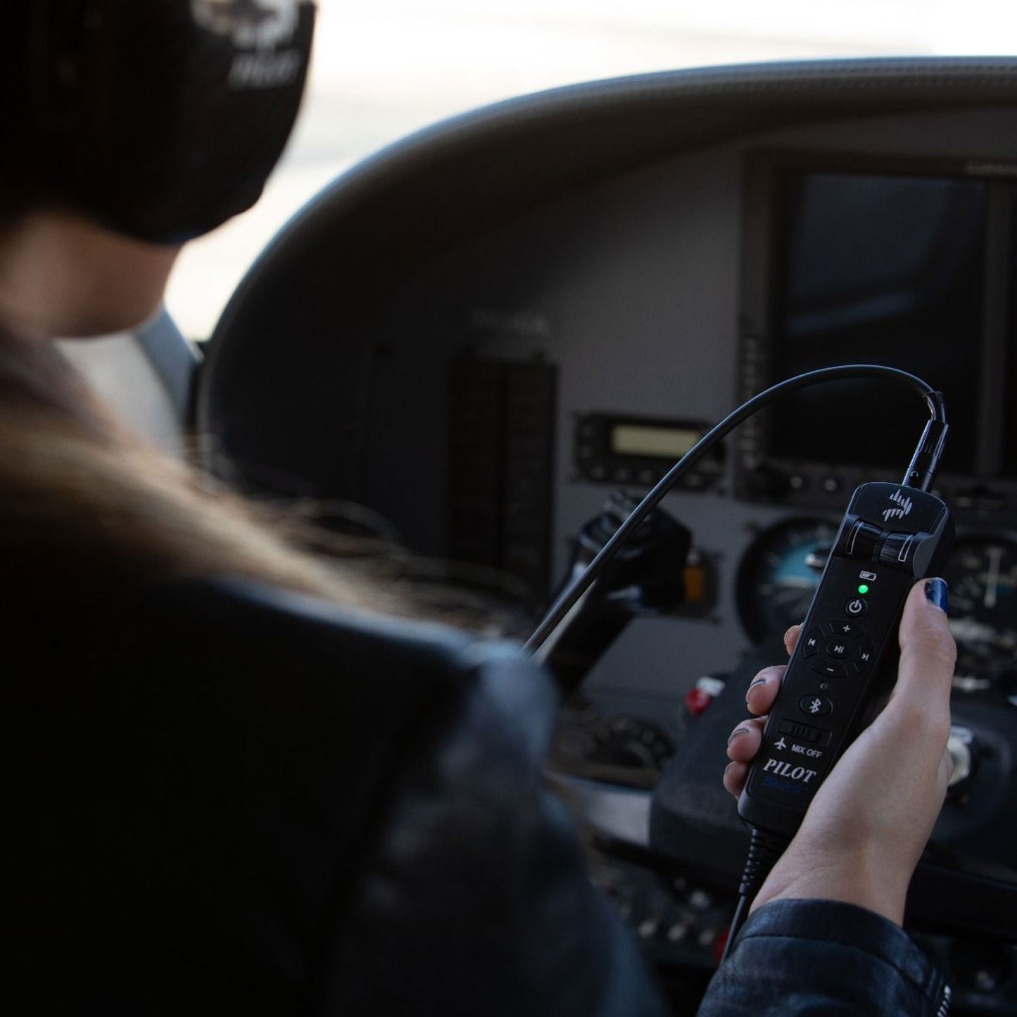 Pilot USA Carbon Fiber Passive Aviation Headset – In-Cockpit Use by Pilot with Control Unit and Cable Connection, Aircraft Dashboard Blurred