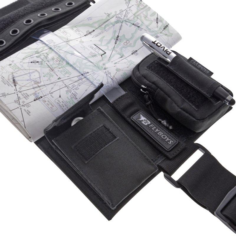 FlyBoys kneeboard FB3316 unfolded, aviation chart secured, utility pouches and white Pivot pen in elastic loop