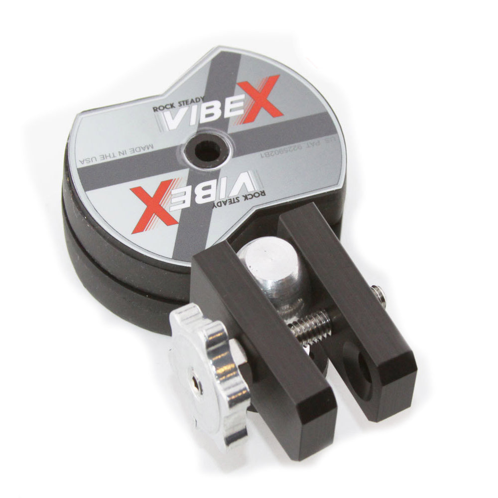 Rock Steady VibeX Robby Tow Ball Standard Cam Mount with stacked vibration isolation discs, black clamp, and silver tow ball shown disassembled