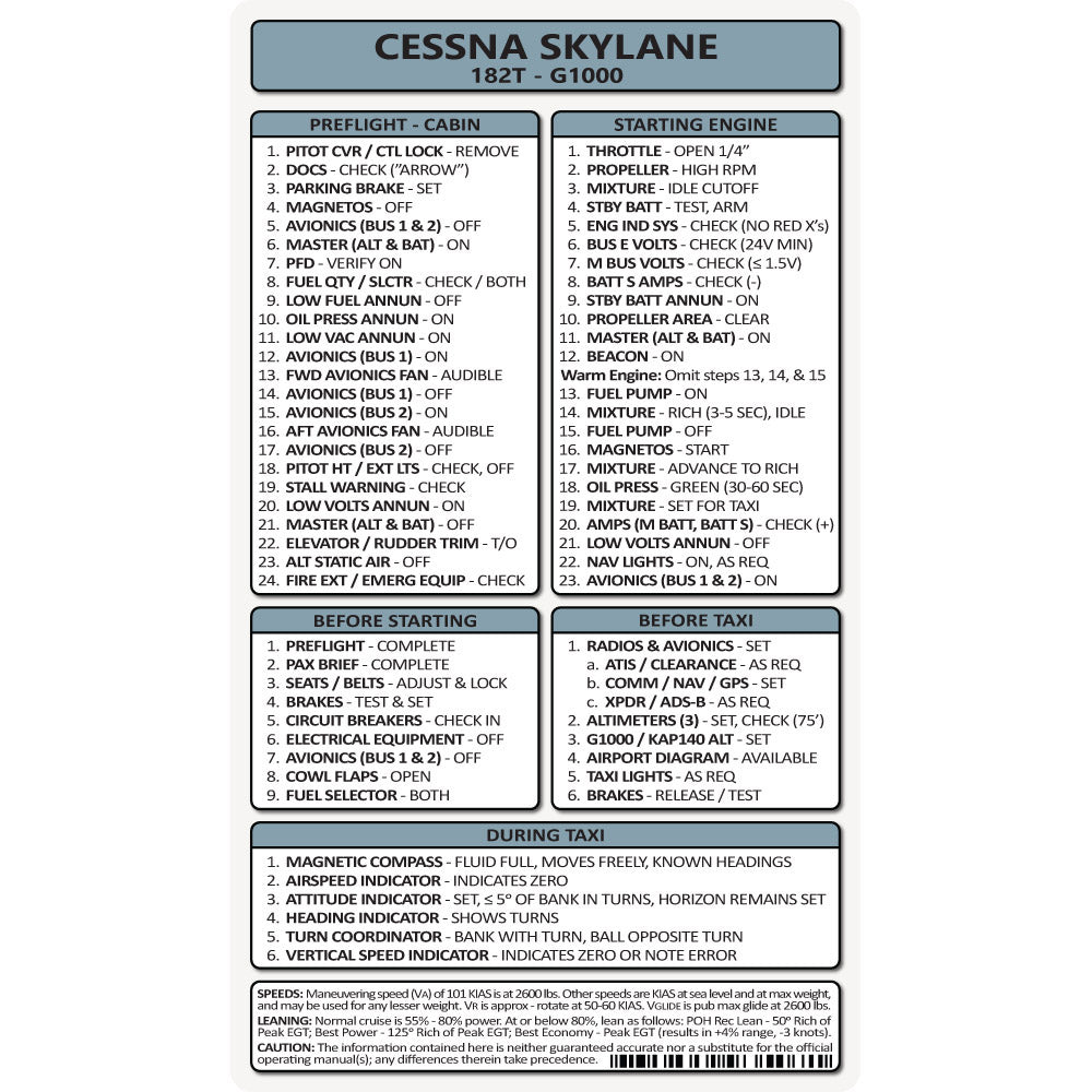 Pocket Checklist, Cessna 182T - G1000