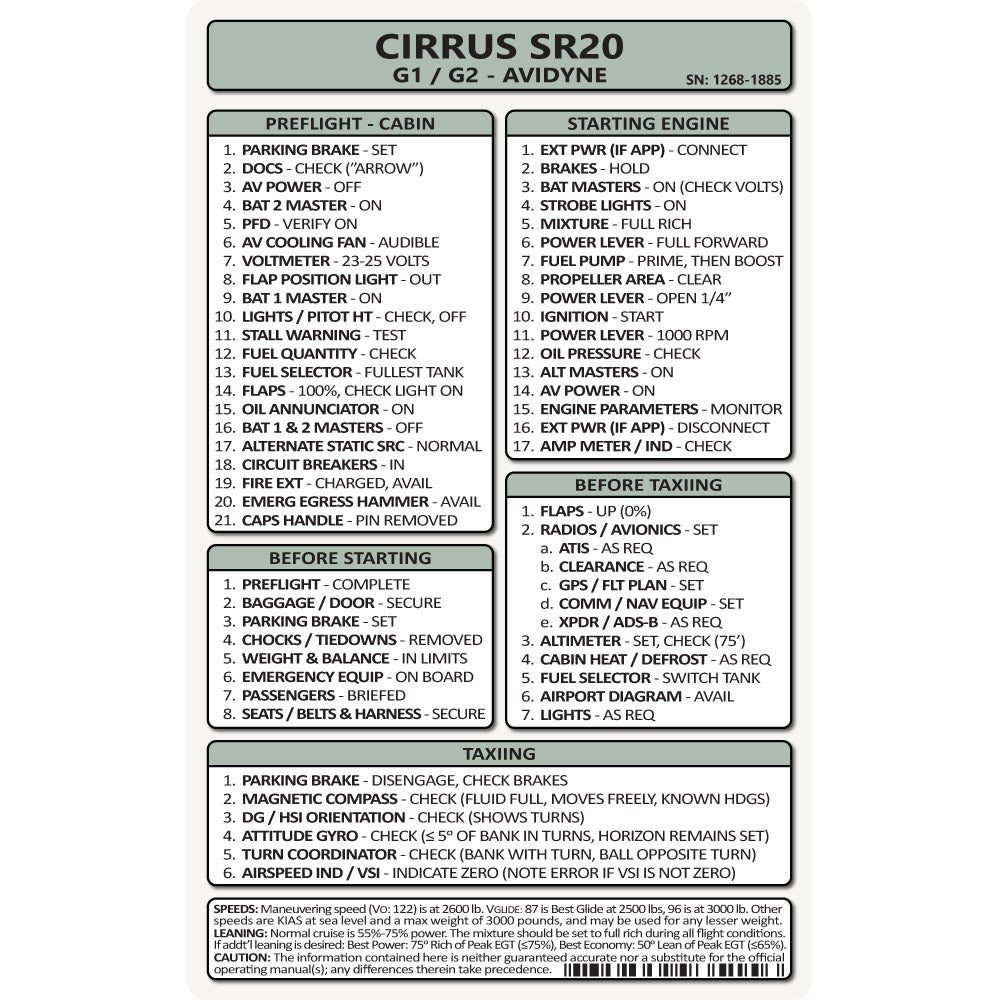 Pocket Checklist, Cirrus SR20 G1/G2 - Avidyne Avionics