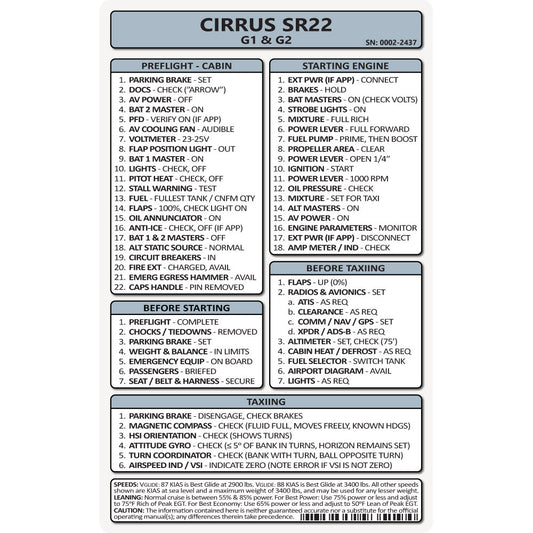 Pocket Checklist, Cirrus SR22 G1/G2