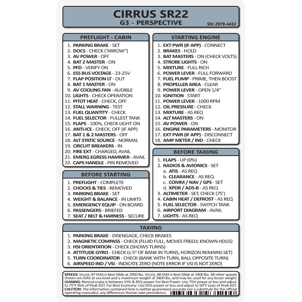 Pocket Checklist, Cirrus SR22 G3 Perspective