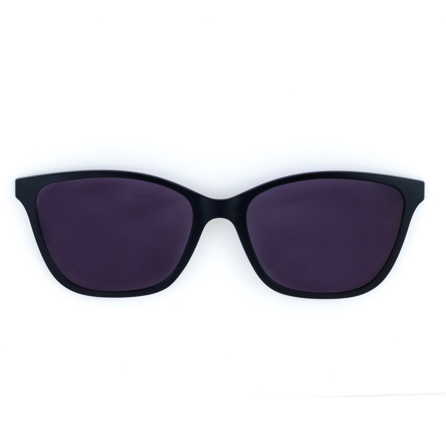 Athene Magnetic Clip-On Sunglasses – black frame with solid dark gray lenses, front view