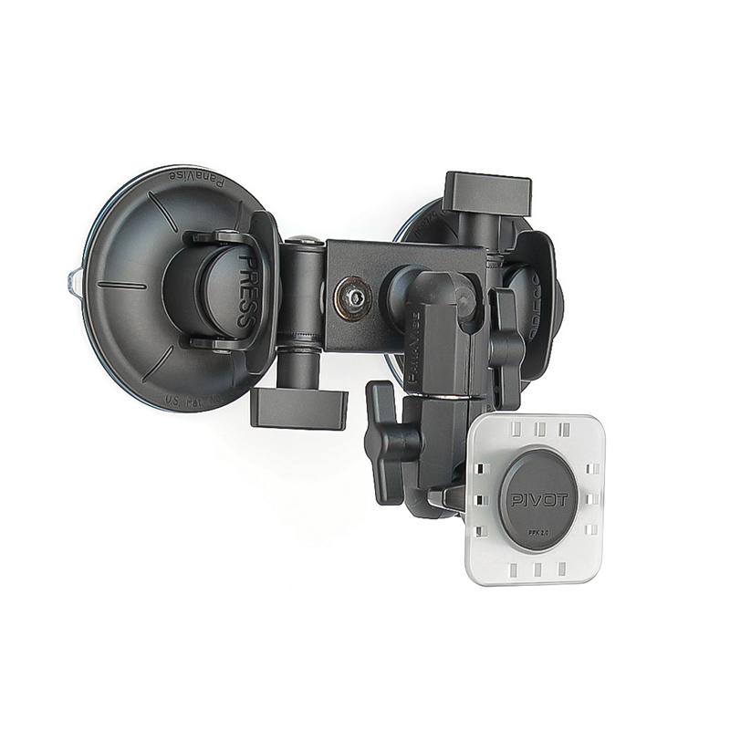 Pivot Double Suction Cup Mount with 19cm adjustable arm, dual Panavise suction cups with PRESS levers, and PPK 2.0 device plate holder