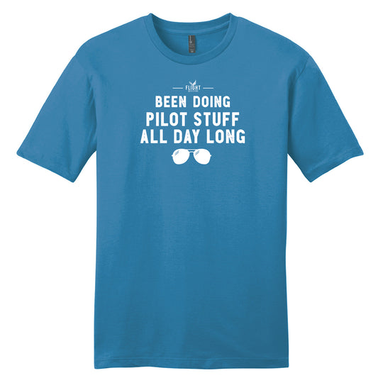Flight Outfitters 'Pilot Stuff' T-Shirt – front view, blue crew neck with white text 'Been Doing Pilot Stuff All Day Long,' logo, and aviator sunglasses graphic