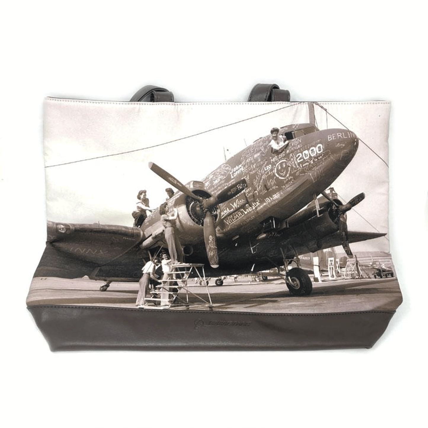 Boeing Rosie the Riveter B-17 tote bag featuring sepia-toned WWII Flying Fortress artwork