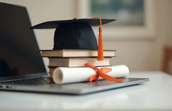 Graduation cap, diploma, and books on a laptop symbolizing aviation scholarship opportunities and online career education resources.