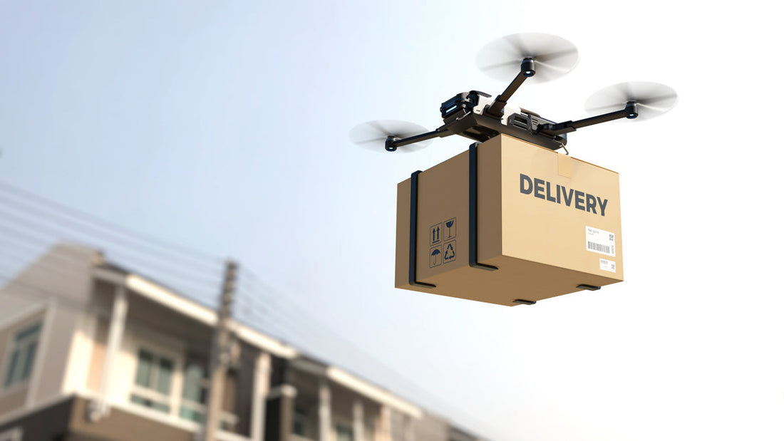 Drone delivering a package with ‘Delivery’ label, symbolizing modern shipping and logistics.