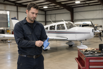 Aviation mechanic putting on nitrile gloves in a hangar — nitrile gloves shortage 2026