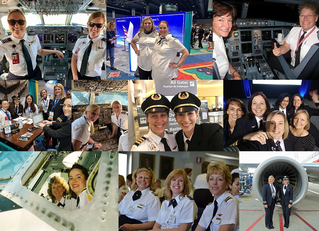 Collage of female airline pilots and ISA+21 members in cockpits, at conferences, and engaging with the aviation community.