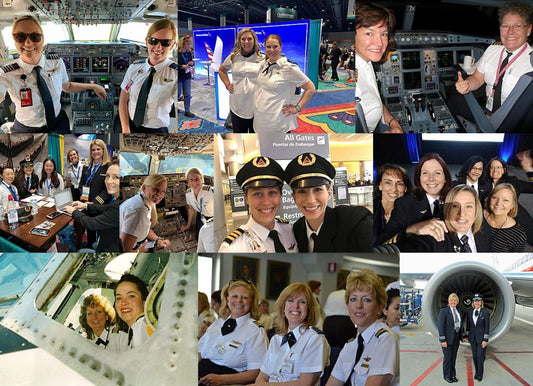 Collage of female airline pilots and ISA+21 members in cockpits, at conferences, and engaging with the aviation community.
