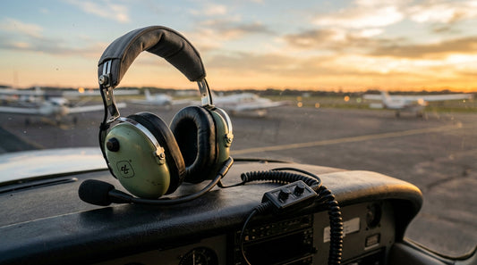 David Clark H10-13X ENC aviation headset resting on an aircraft glareshield at sunset