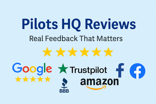 Collage of Pilots HQ reviews platforms including Google, Trustpilot, BBB, Amazon, and Facebook with star ratings