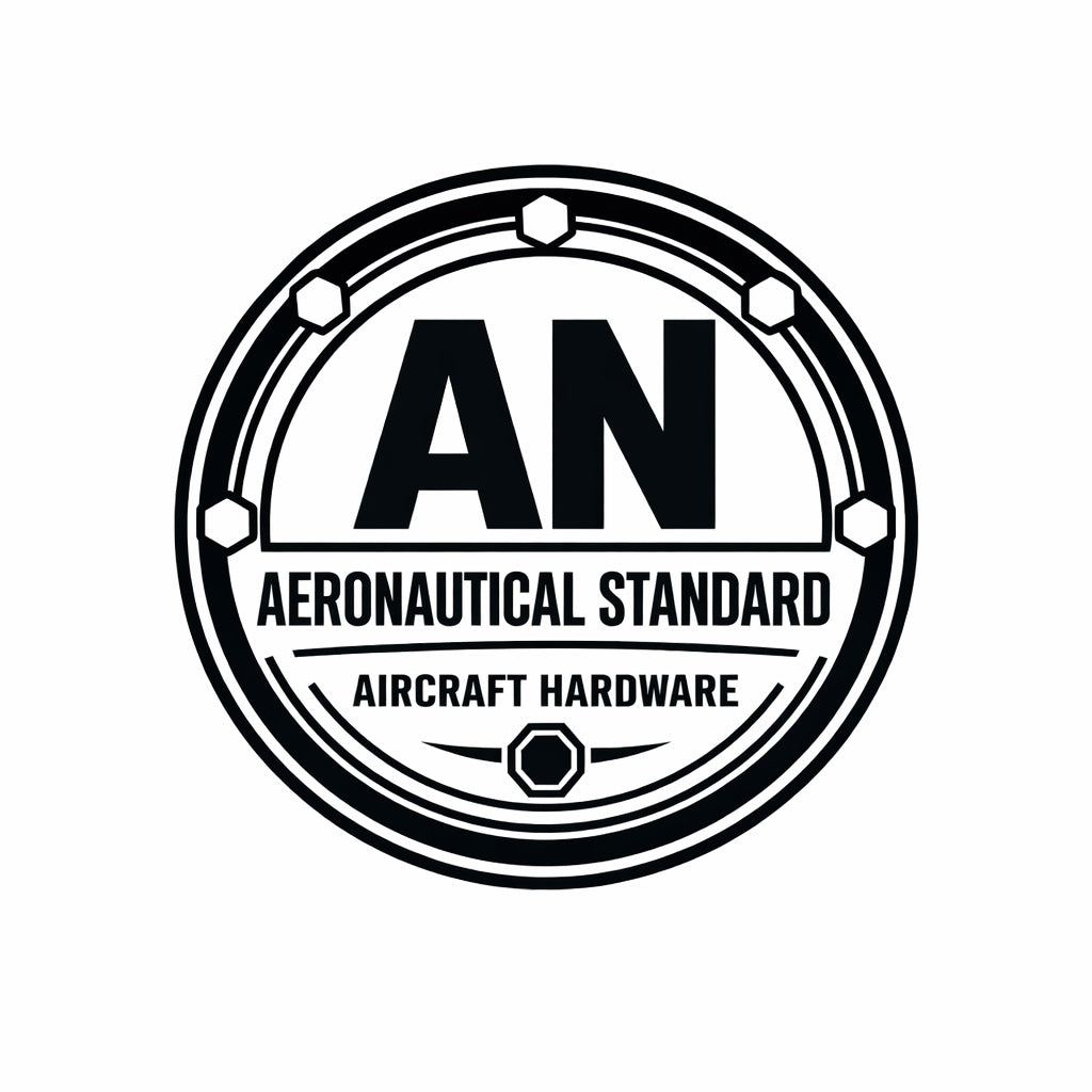 AN Aeronautical Standard aircraft hardware badge logo with circular industrial design and hex bolt accents on white background