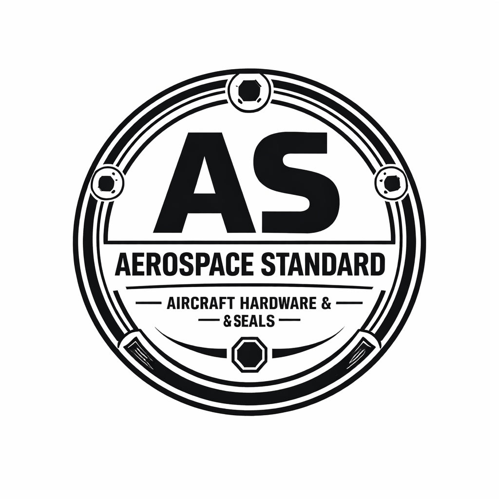 AS Aerospace Standard aircraft hardware and seals badge logo with circular industrial design and bolt accents on white background