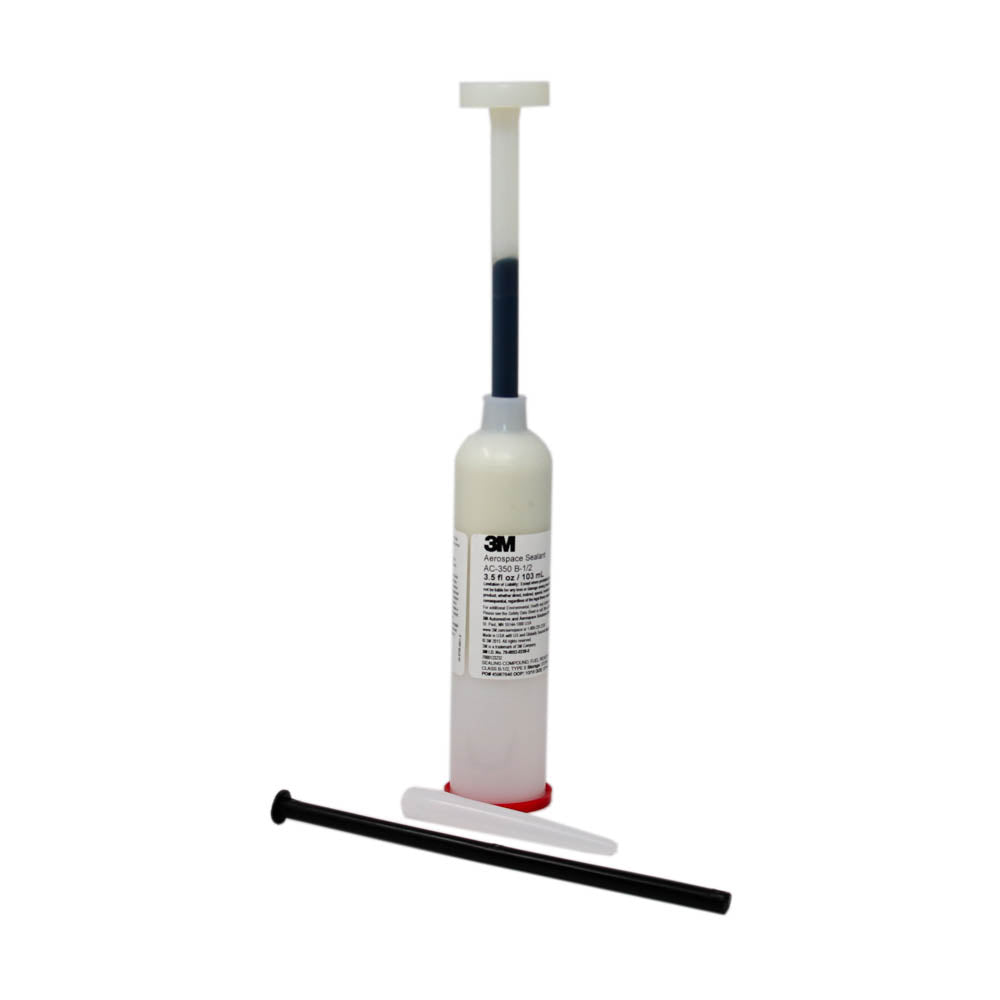 3M AC350B1-2 aerospace sealant 3.5 oz cartridge with plunger, mixing stick, and nozzle on white background.