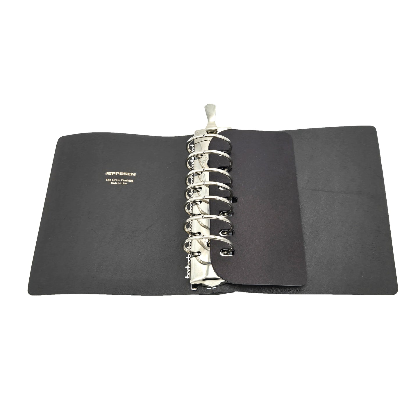 Jeppesen Premium Leather Binder 2 Inch – Open View Showing Ring Mechanism and Interior Pockets