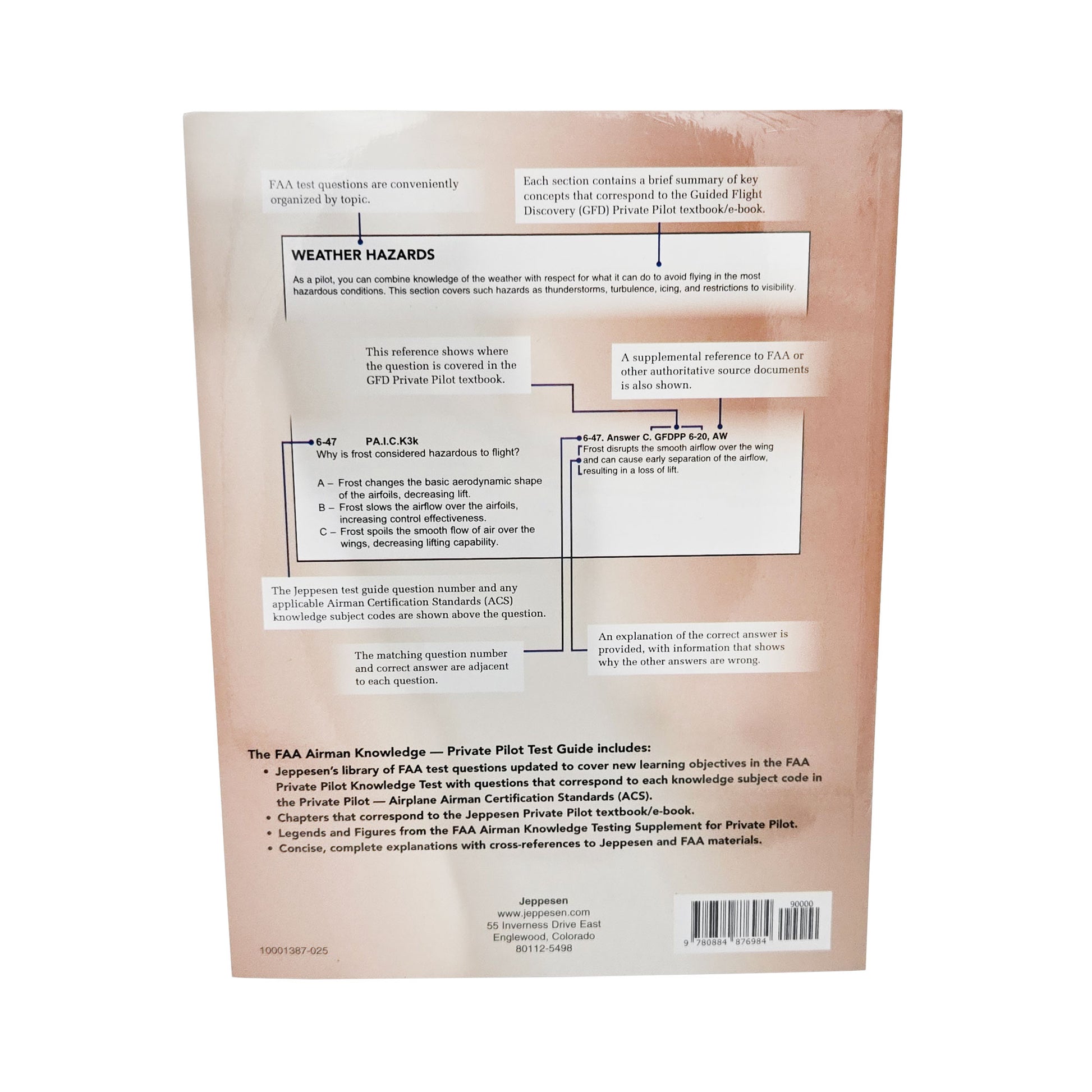 Jeppesen Private Pilot FAA Airmen Knowledge Test Guide back cover with product details - P/N 10001387-025, essential study guide for private pilots