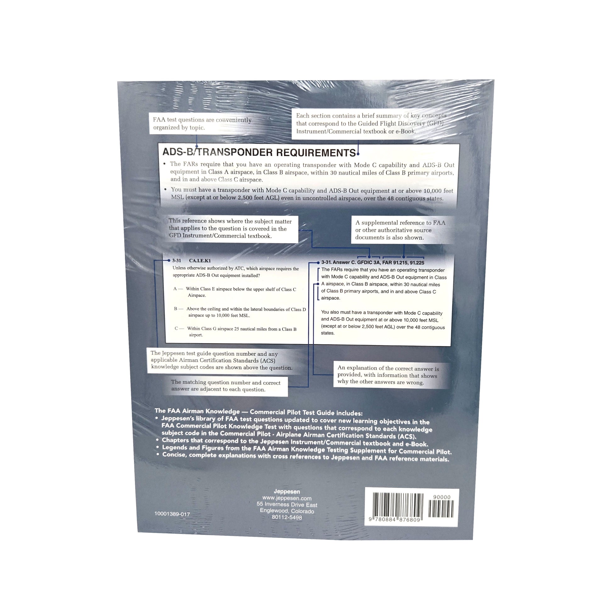 Jeppesen Commercial Pilot Airmen Knowledge Test Guide – Back Cover with Description and ISBN