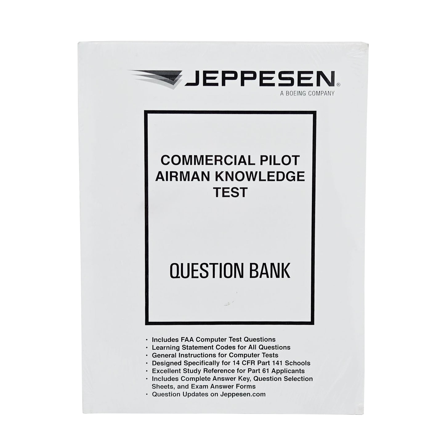 Jeppesen Commercial Pilot Airman Knowledge Test Question Bank front cover - P/N 10001766, FAA exam preparation guide