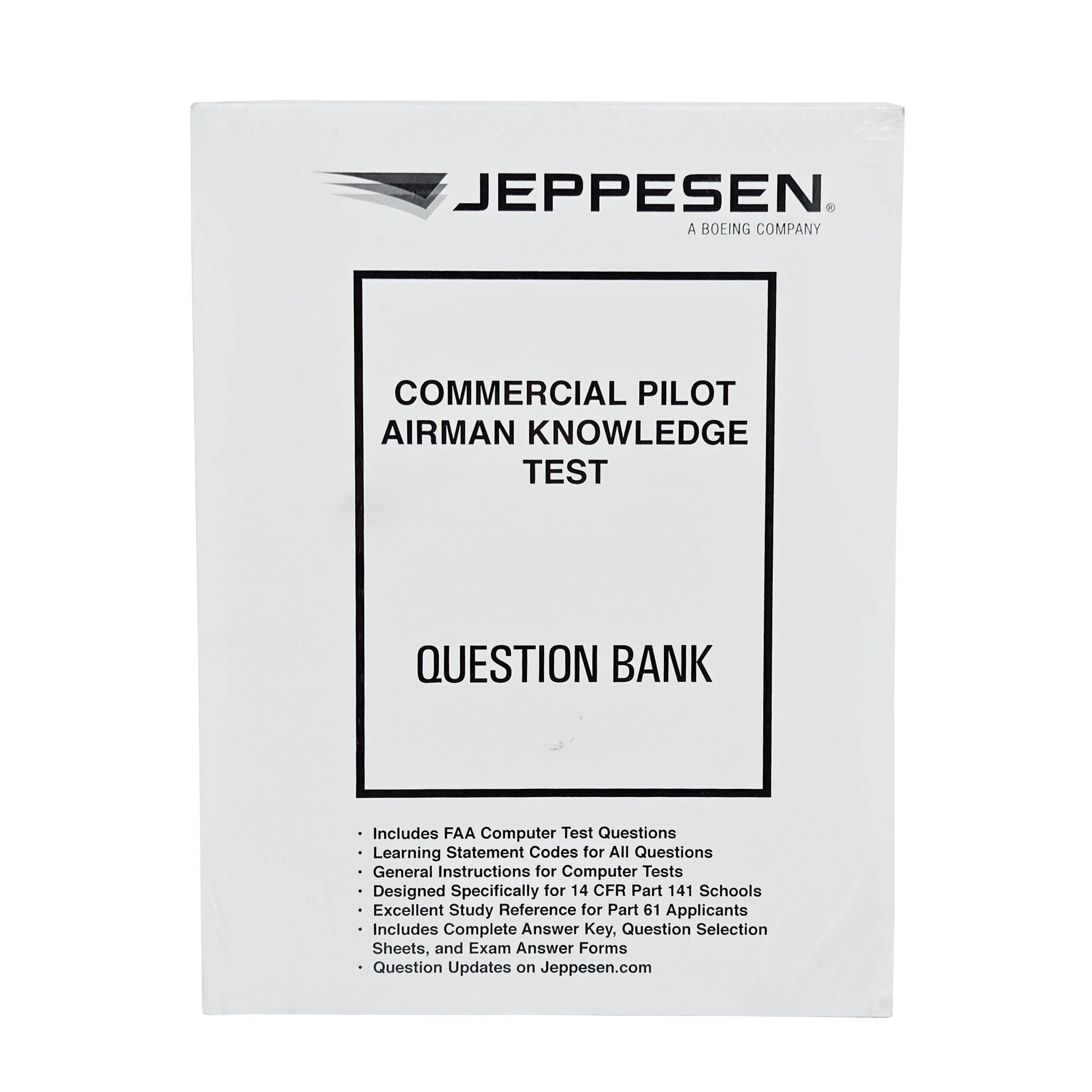 Jeppesen Commercial Pilot Airman Knowledge Test Question Bank front cover - P/N 10001766, FAA exam preparation guide