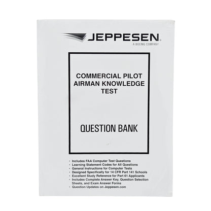 Jeppesen Commercial Pilot Airman Knowledge Test Question Bank front cover - P/N 10001766, FAA exam preparation guide