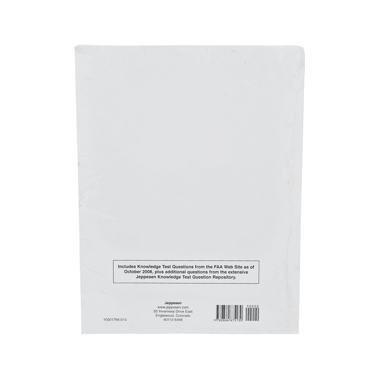 Jeppesen Commercial Pilot Airman Knowledge Test Question Bank back cover with product details - P/N 10001766, essential study resource for commercial pilots