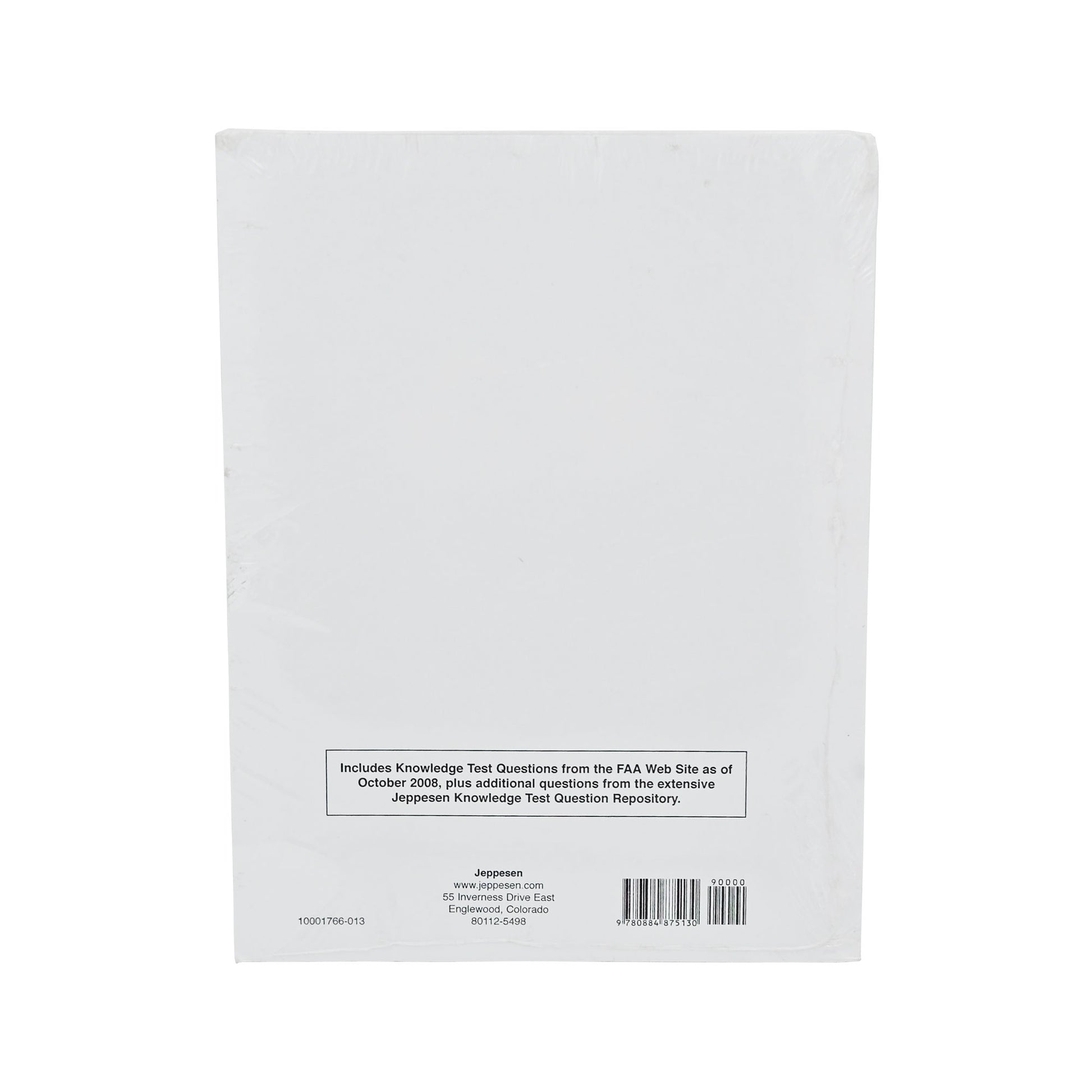 Jeppesen Commercial Pilot Airman Knowledge Test Question Bank back cover with product details - P/N 10001766, essential study resource for commercial pilots