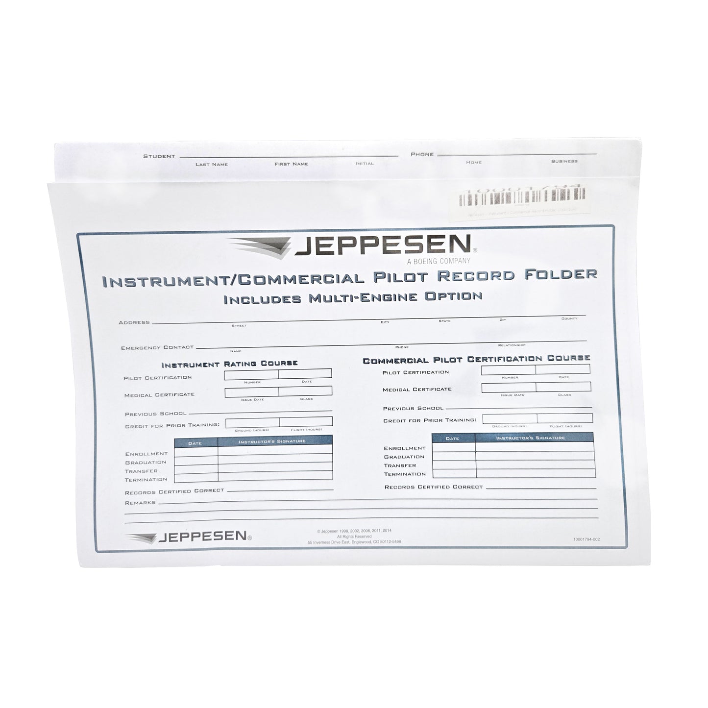 Jeppesen Instrument Commercial Record Folder – Cover Page